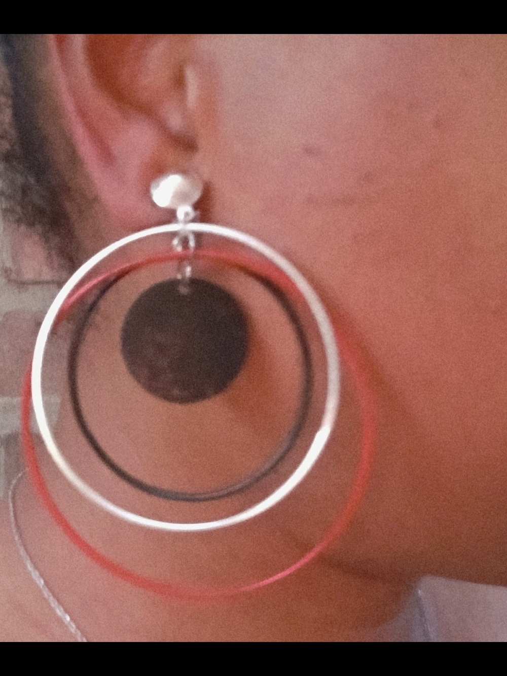Clip On Stylish Multi-Hoop Drop Earrings in Silver and Red